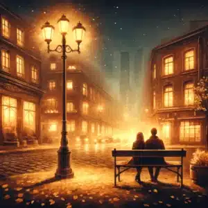 城市夜晚浪漫場景，情侶在溫暖街燈下共享寧靜時光。