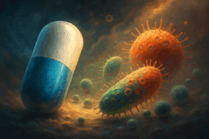 抗生素與細菌之爭：膠囊對抗多彩微生物的藝術表現。
