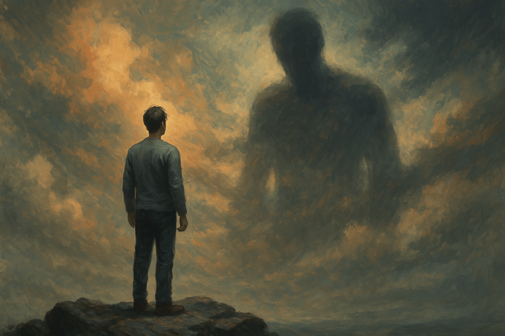 完美主義對自我的壓力與對抗，一位男子獨自站在懸崖邊，凝視著遠方如陰影般巨大的雲霧人形